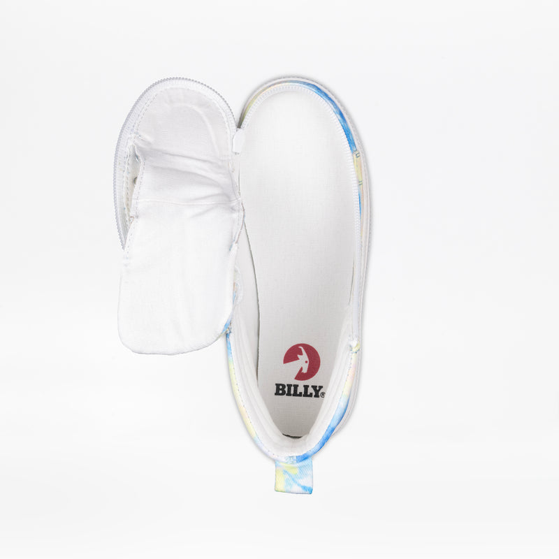 A top view of the SALE - Blue Watercolor BILLY CS High by BILLY Footwear shows the side zipper fully open, revealing an insole with a red BILLY logo, a heel pull tab, and a vibrant blue watercolor pattern on the outer edge.