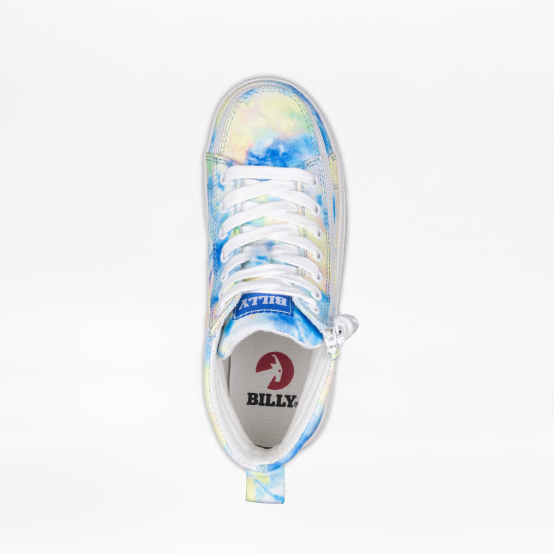 Top view of the SALE - Blue Watercolor BILLY CS High Kids' Zipper Sneaker by BILLY Footwear, featuring white laces, a side zipper, and an insole with the BILLY name and red logo. The shoe is set against a plain white background.