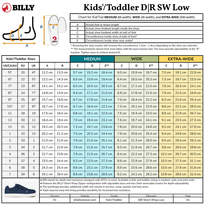 The BILLY Footwear SALE - Dark Grey BILLY D|R II Short Wrap Low kids' sizing chart shows US/CA, UK, and EU sizes, width options (medium, wide, extra-wide), and a guide to measure foot length and width for adaptive AFO-friendly shoes.