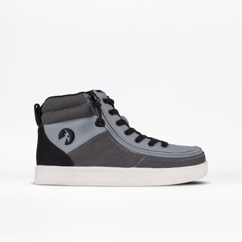 The Grey Colorblock BILLY Street High is a kids’ high-top sneaker with black laces, a wraparound zipper, white sole, and black goat logo on the heel, shown against a plain white background.