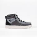 The Grey Colorblock BILLY Street High is a kids’ high-top sneaker with black laces, a wraparound zipper, white sole, and black goat logo on the heel, shown against a plain white background.