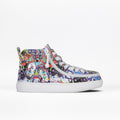 The SALE - Lilia's Eye Candy BILLY Classic D|R II High by BILLY Footwear is an AFO-friendly high-top sneaker with white laces, a white sole, and a colorful abstract paint-splatter design, offering comfort and style.