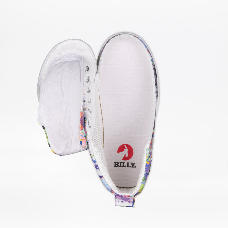The SALE - Lilia's Eye Candy BILLY Classic D|R II High by BILLY Footwear is a vibrant sneaker with a side zipper for wide, easy access—AFO-friendly and featuring a red unicorn-head BILLY logo on the insole.