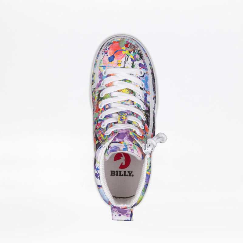 Top view of the SALE - Lilia's Eye Candy BILLY Classic D|R II High by BILLY Footwear, a colorful, abstract high-top sneaker with white laces, BILLY. on the removable insole, and extra wide AFO-friendly kids sizes for comfort.