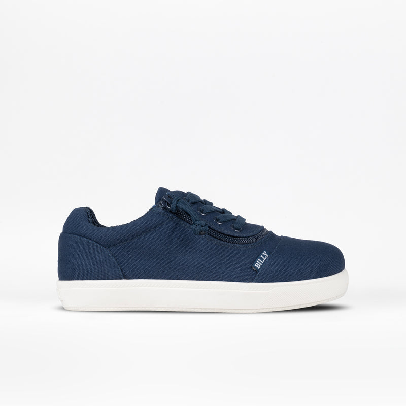 The BILLY Footwear Kids'/Toddler D|R II Short Wrap Low in navy features white soles, side zipper, and laces. “BILLY” is printed near the toe. The AFO-friendly shoe is displayed on a plain white background.