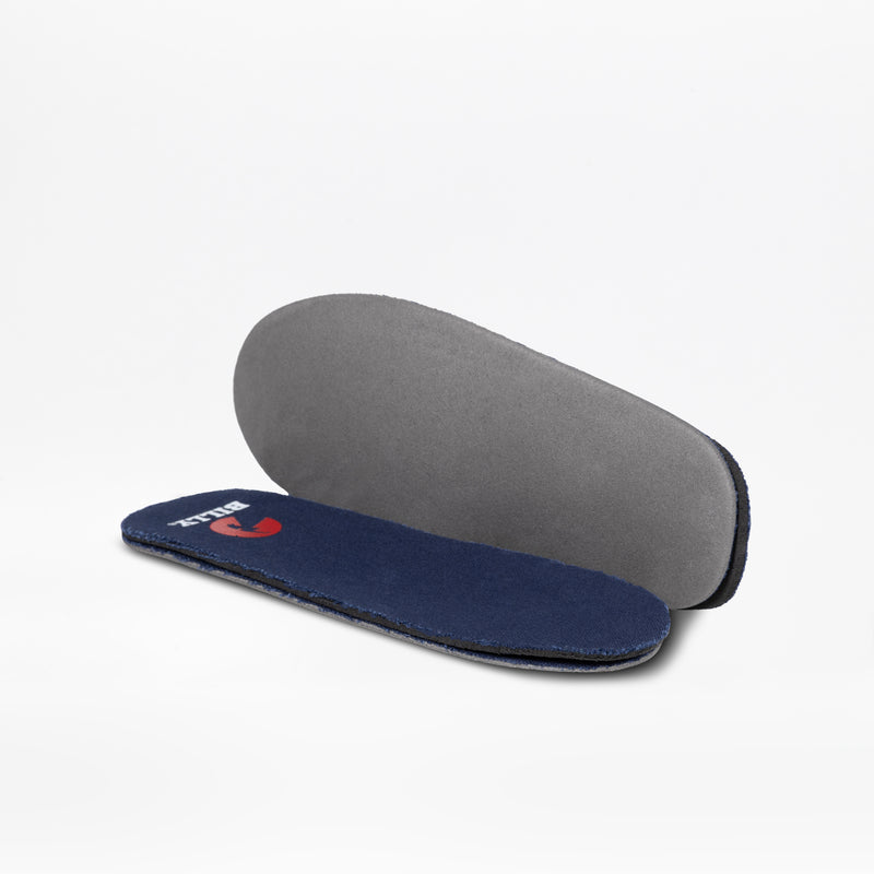 A pair of orthotic insoles for the SALE - Navy BILLY D|R II Short Wrap Low by BILLY Footwear: one gray, and one with a blue top layer featuring a small red detail, shown on a white background.
