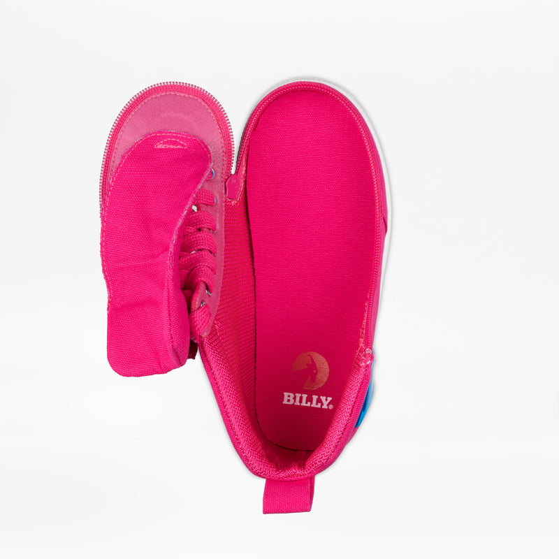 A vibrant pink/blue SALE - Pink/Blue Light Ups BILLY Classic D|R High sneaker by BILLY Footwear features a full wrap zipper, partially open to reveal the interior and gold logo on the insole, displayed on a white background.