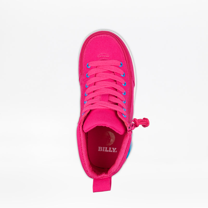 The BILLY Footwear Pink/Blue Light Ups BILLY Classic D|R High is an AFO-friendly, bright pink sneaker with blue eyelets, pink laces, a full wrap zipper pull on the right, and "BILLY" in white on the insole—style meets accessibility.