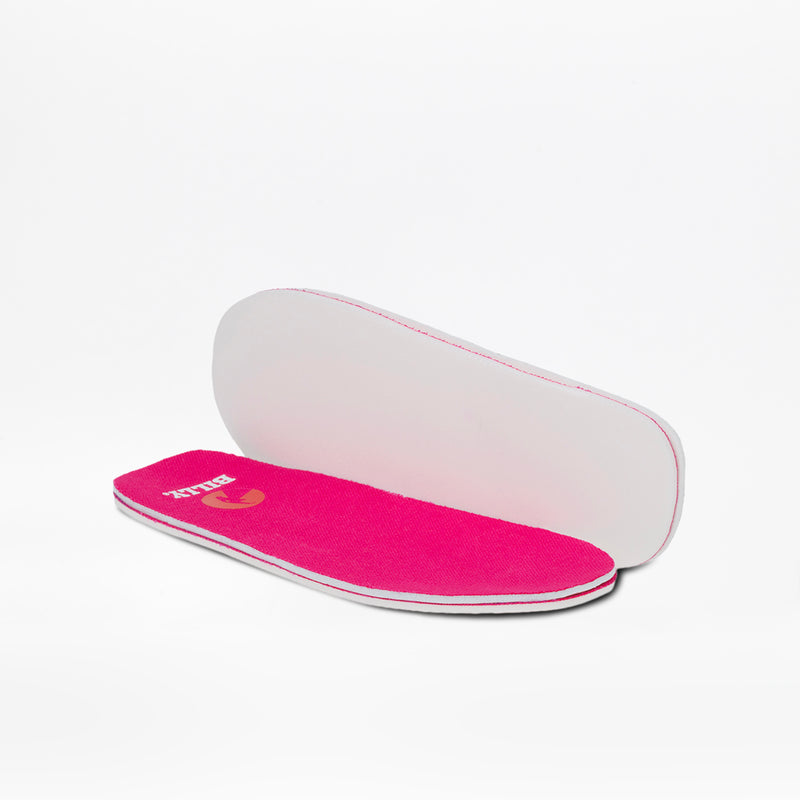 The image shows removable insoles for the SALE - Pink/Blue Light Ups BILLY Classic D|R High by BILLY Footwear, featuring bright pink tops and white bottoms against a white background.