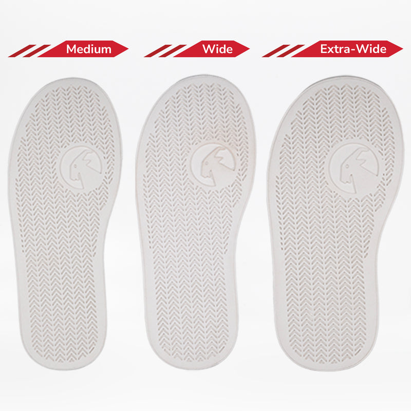 Three white removable insoles, labeled Medium, Wide, and Extra-Wide, are shown side by side to illustrate width differences for the SALE - Pink/Blue Light Ups BILLY Classic D|R High by BILLY Footwear. Ideal for AFO-friendly shoes.