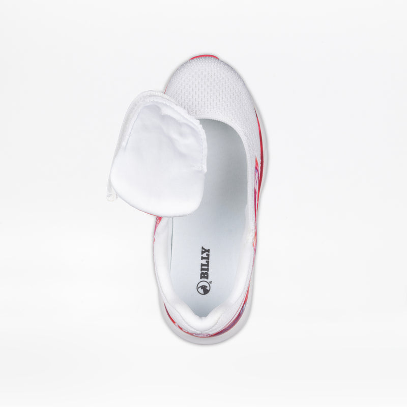 The SALE - Pink Marble BILLY Sport Inclusion by BILLY Footwear is a kids’ slip-on zipper shoe featuring a mesh upper, partially open top flap, red sole accent, and “BILLY” insole. Shown from above on a white background. Ideal for young sneaker fans.