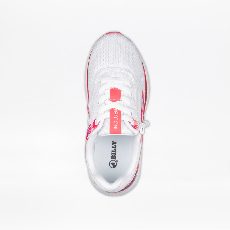 Top view of the SALE - Pink Marble BILLY Sport Inclusion shoe by BILLY Footwear, featuring pink accents, white laces, INCLUSIV text on the tongue, and a branded insole with circular logo. Athletic zipper shoe shown on a white background.