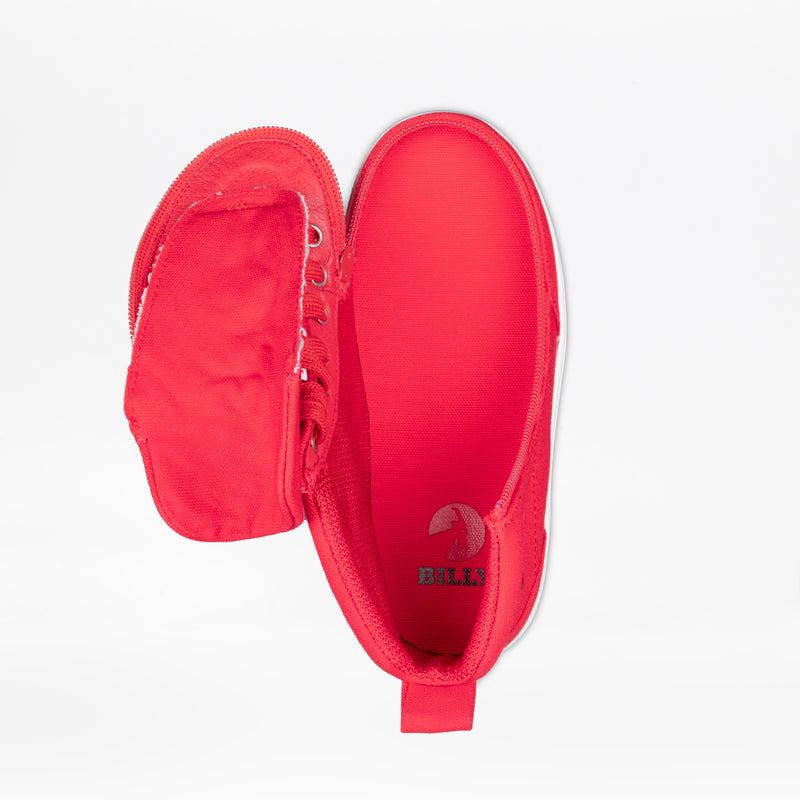 The SALE - Red BILLY Classic D|R II High by BILLY Footwear is a bright red, AFO-friendly shoe with a zipper along the side and toe, fully unzipped to reveal a wide opening and insole logo, shown against a white background.