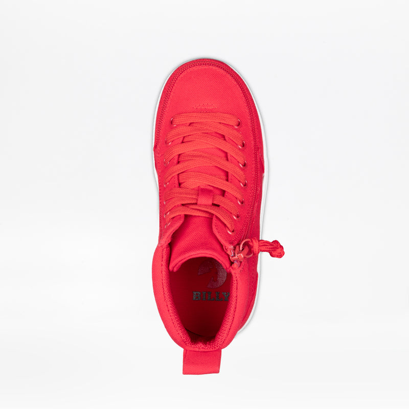 Top view of the SALE - Red BILLY Classic D|R II High by BILLY Footwear, a bright red high-top sneaker with red laces, side zipper, and heel pull tab. AFO-friendly design offers enhanced support and comfort. Displayed on a white background.