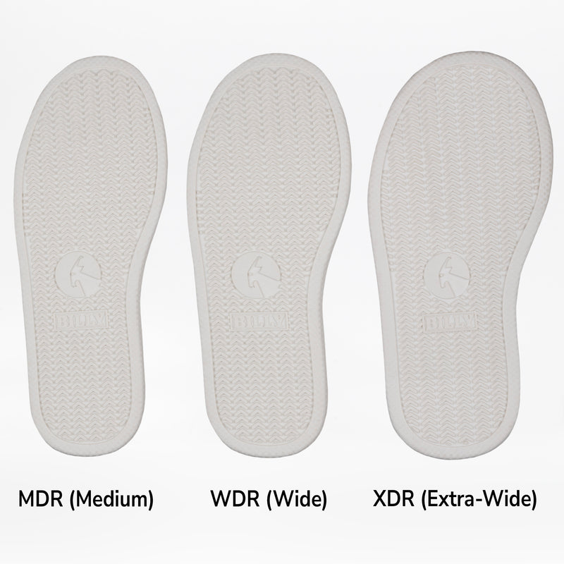 Three white insoles for the SALE - Red BILLY Classic D|R II High by BILLY Footwear are shown side by side, labeled MDR (Medium), WDR (Wide), and XDR (Extra-Wide) to display their increasing width.