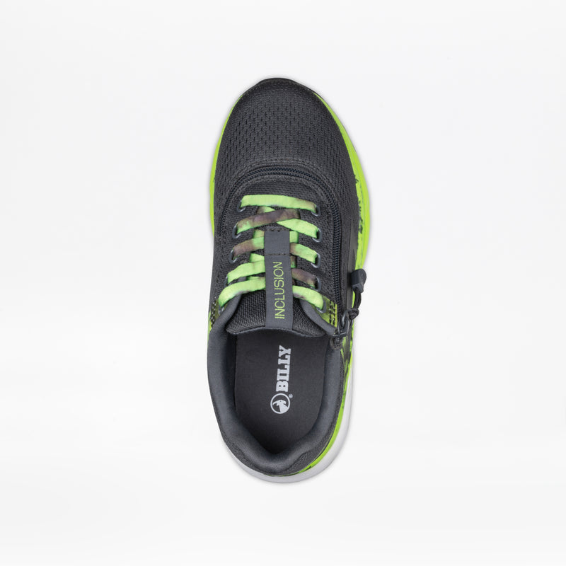 Top view of the SALE - Smoke/Lime Fire BILLY Sport Inclusion kids’ athletic shoe by BILLY Footwear, featuring a black and green adaptive design with side zipper, green laces, a green sole edge, and “INCLUSION” on the tongue.