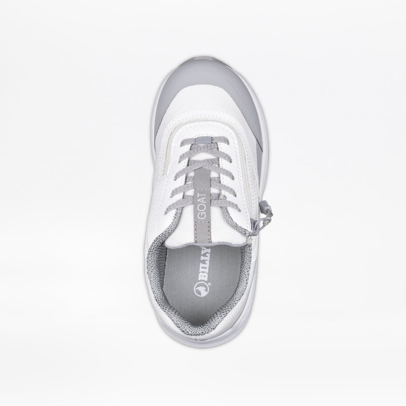 Top view of the SALE - White BILLY Goat sneaker by BILLY Footwear in white and gray, featuring laces and a convenient zipper for easy access. This AFO-friendly shoe provides comfort and support for orthotic needs.