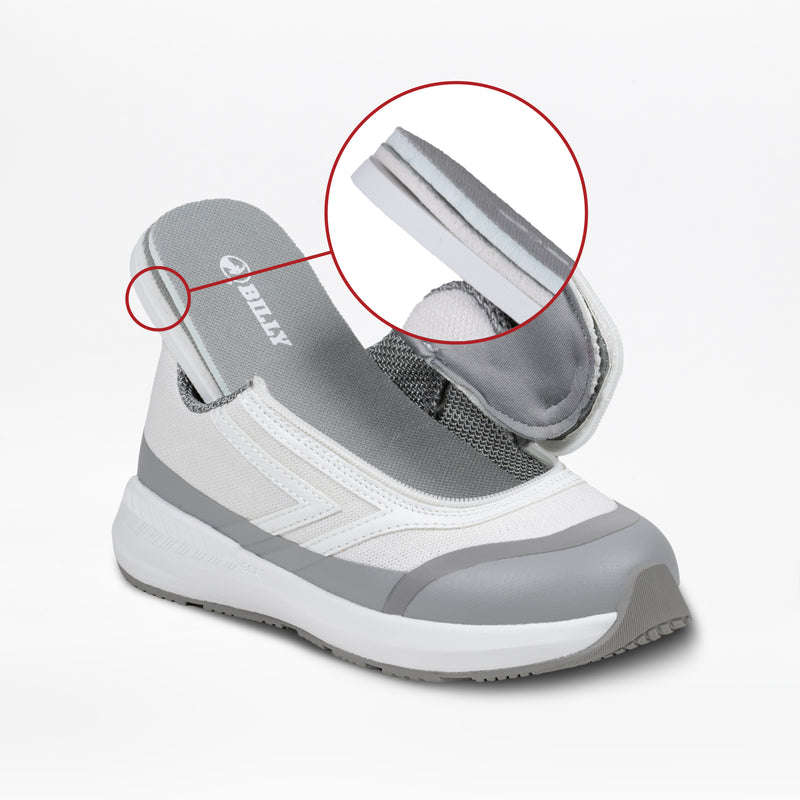 The SALE - White BILLY Goat by BILLY Footwear is a gray and white sneaker with a fold-down heel and easy on-and-off zipper, highlighted for its AFO-friendly, accessible design in a zoomed-in circle.