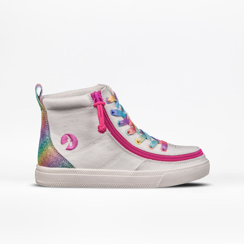 The SALE - White Rainbow BILLY Classic Lace High by BILLY Footwear is a kids’ high top sneaker featuring a pink wraparound zipper, rainbow laces, glittery rainbow back panel, round logo near the heel, and a light-colored sole.