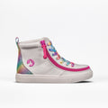 The SALE - White Rainbow BILLY Classic Lace High by BILLY Footwear is a kids’ high top sneaker featuring a pink wraparound zipper, rainbow laces, glittery rainbow back panel, round logo near the heel, and a light-colored sole.