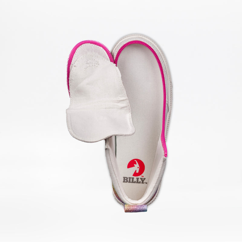 The SALE - White Rainbow BILLY Classic Lace High by BILLY Footwear is a white kids' high top with a pink wraparound zipper, red BILLY logo on the insole, and metallic rear pull tab.