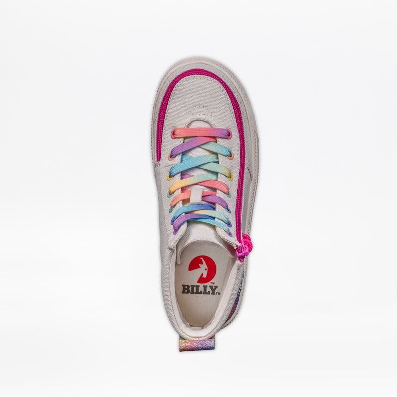 A top view of the SALE - White Rainbow BILLY Classic Lace High kids sneaker by BILLY Footwear features rainbow laces, a pink side zipper, a red BILLY logo on the insole, and a heel loop with a rainbow pattern.
