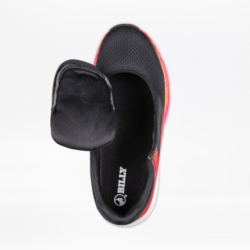 Top view of the SALE - Women's Black/Fuchsia Fire BILLY Sport Inclusion shoe by BILLY Footwear, featuring a soft, wide tongue lifted to show a cushioned insole with the brand logo and fuchsia fire accents on the sides.