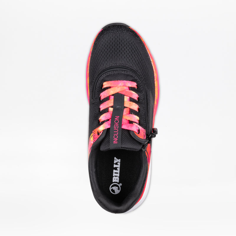 Top view of the SALE - Women's Black/Fuchsia Fire BILLY Sport Inclusion by BILLY Footwear: a black sneaker with pink and orange tie-dye laces, "INCLUSION" on the tongue, and "BILLY" on the cushioned insole. Athletic zipper design.