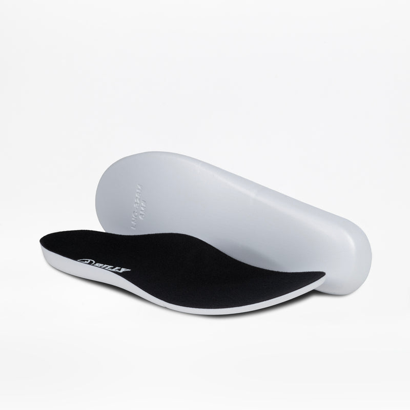 A pair of BILLY Footwear's Women's Black/Fuchsia Fire BILLY Sport Inclusion insoles—black top, white bottom—are displayed on a plain white background, with one flat and one upright to showcase the curved arch.
