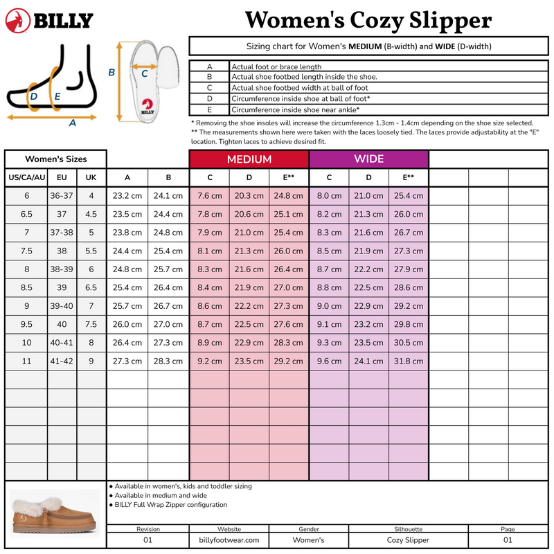 The sizing chart for the Women's Chestnut BILLY Cozy Slipper by BILLY Footwear displays US/EU/UK sizes, foot lengths, widths, and measurement diagrams. Medium and wide fits are included. A chestnut slipper image appears in the bottom left corner.