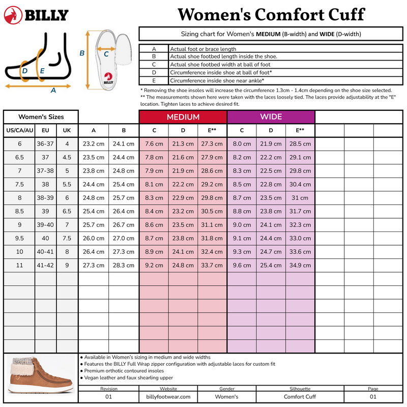 Sizing chart for BILLY Women's Comfort Cuff with measurements and shoe size conversion.