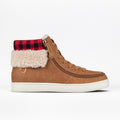 A women's high-top sneaker in cognac color, featuring a faux suede and flannel material, with a faux fur cuff and functional laces.