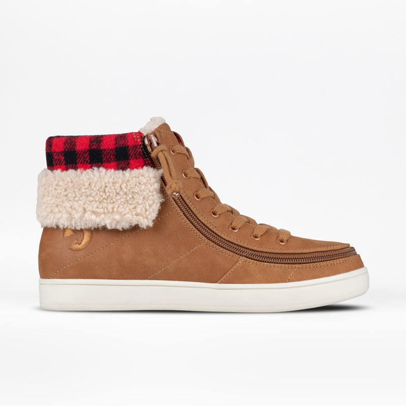 A women's high-top sneaker in cognac color, featuring a faux suede and flannel material, with a faux fur cuff and functional laces.