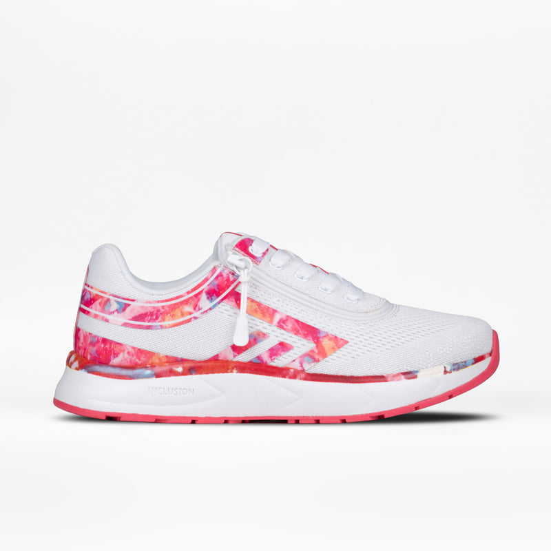 The SALE - Women's Pink Marble BILLY Sport Inclusion sneaker by BILLY Footwear features a white mesh upper, pink and orange marble accents, and a pink outsole, shown in side view. Enjoy stylish accessible athletic shoes for all.