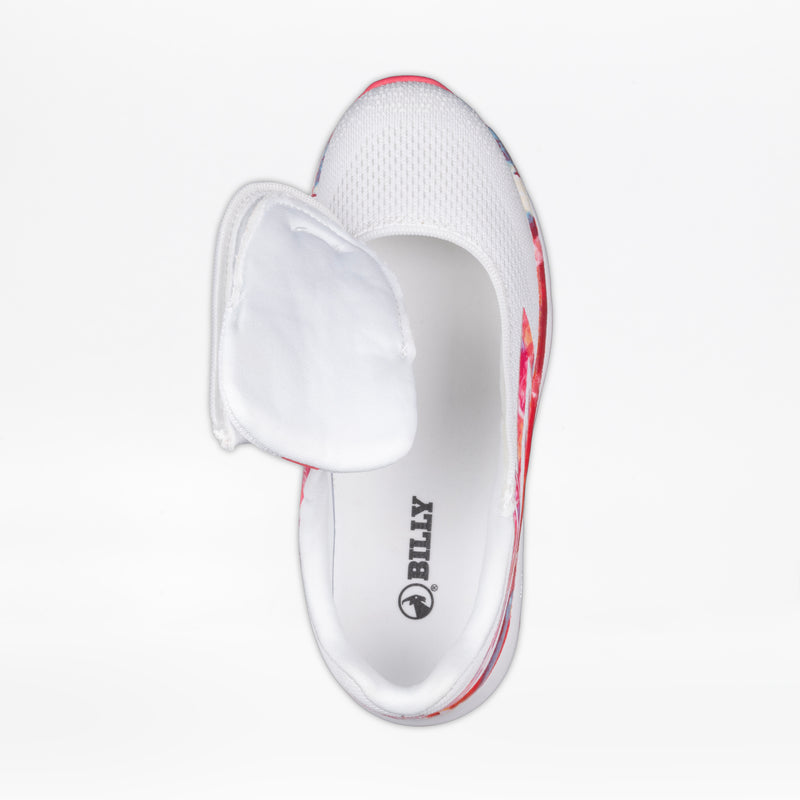 The SALE - Women's Pink Marble BILLY Sport Inclusion by BILLY Footwear is a white and pink athletic sneaker featuring a side zippered flap open to reveal the insole and brand logo, viewed from above on a white background. Accessible design meets sporty style.
