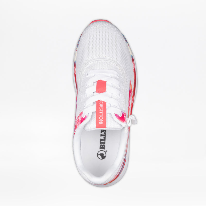 Top view of SALE - Women's Pink Marble BILLY Sport Inclusion sneakers by BILLY Footwear, showing a mesh upper, side zipper, red accents, and "INCLUSION" on the tongue with a gray BILLY logo on the insole for accessible style.