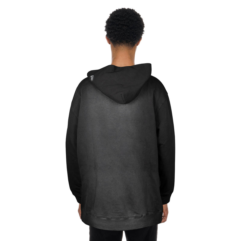 Men's black faded hoodie, back view, adjustable hood and kangaroo pocket