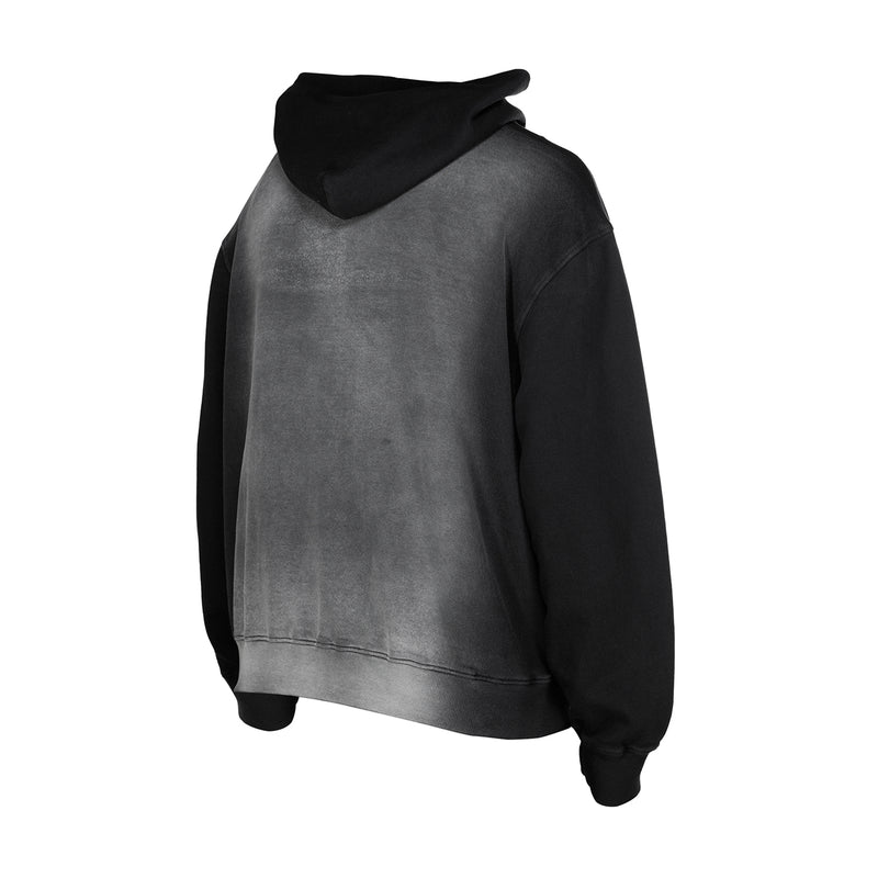 Men's black faded hoodie with hood and front pocket detail, side view