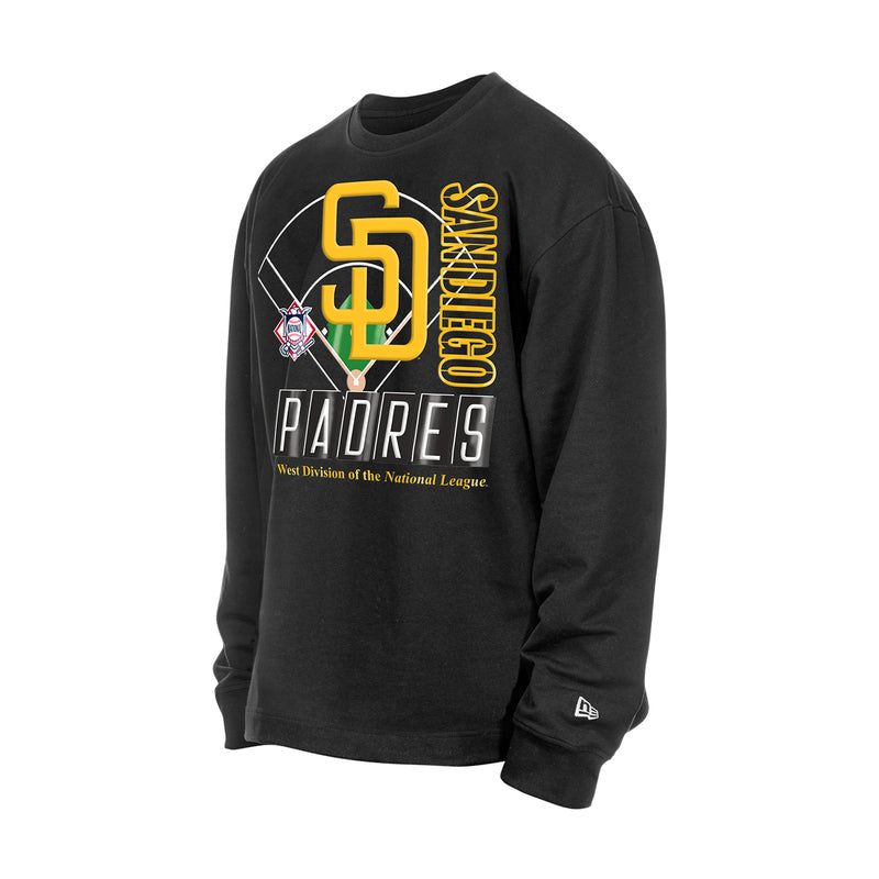 Men's black crewneck long-sleeve shirt with San Diego Padres graphic on chest