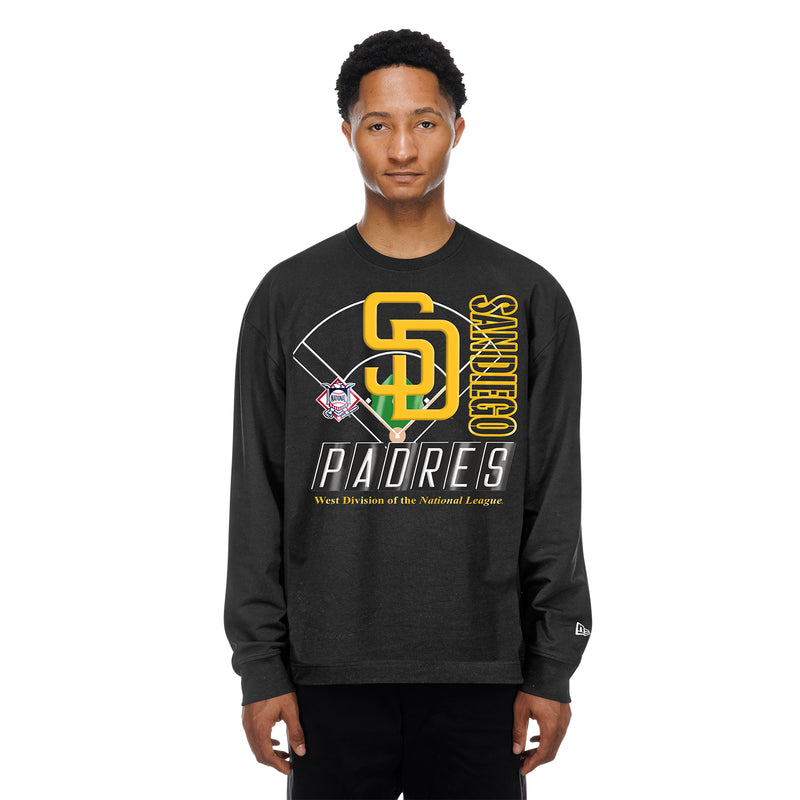 Men's black long-sleeve crewneck T-shirt with Padres logo and text graphic