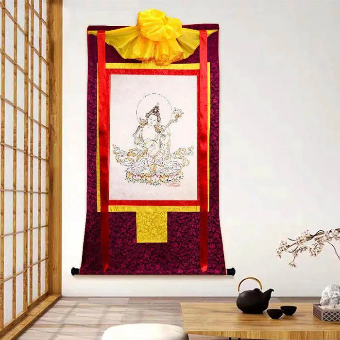 Saraswati,Sharada,Woodblock Thangka Art - Tibetan thangka painting, front view