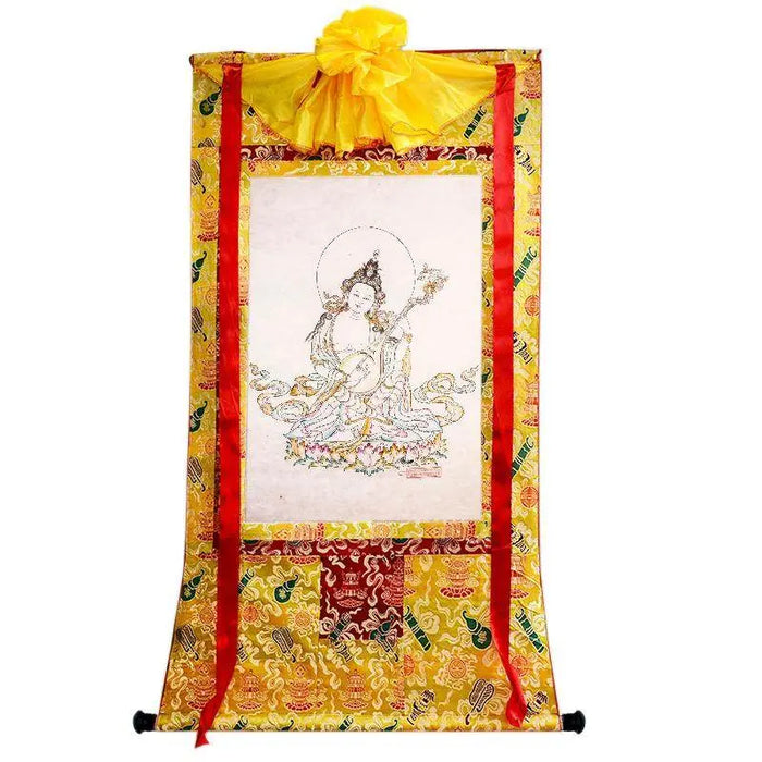 Saraswati,Sharada,Woodblock Thangka Art - Tibetan thangka painting, close-up detail