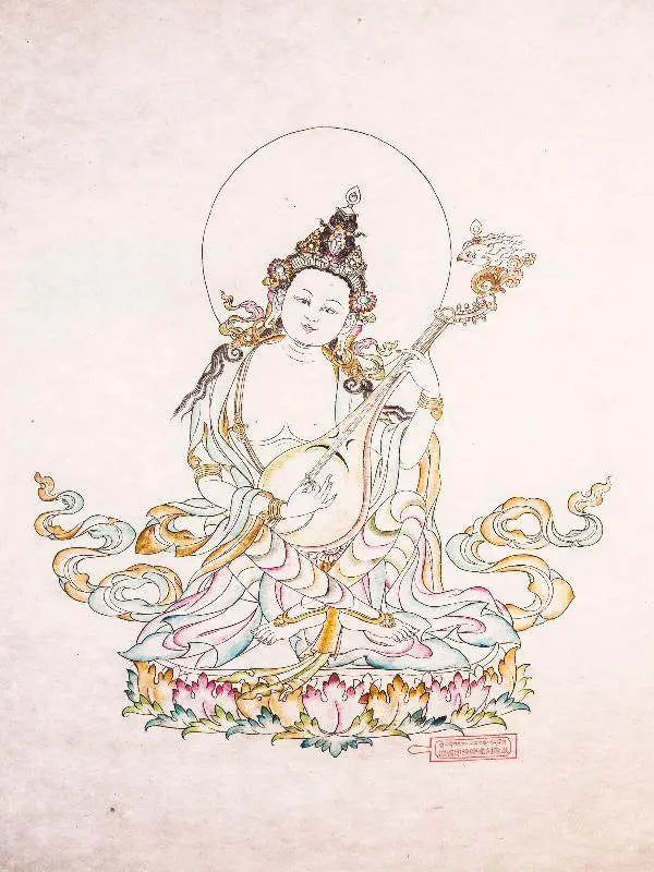 Saraswati,Sharada,Woodblock Thangka Art - Tibetan thangka painting, view 7