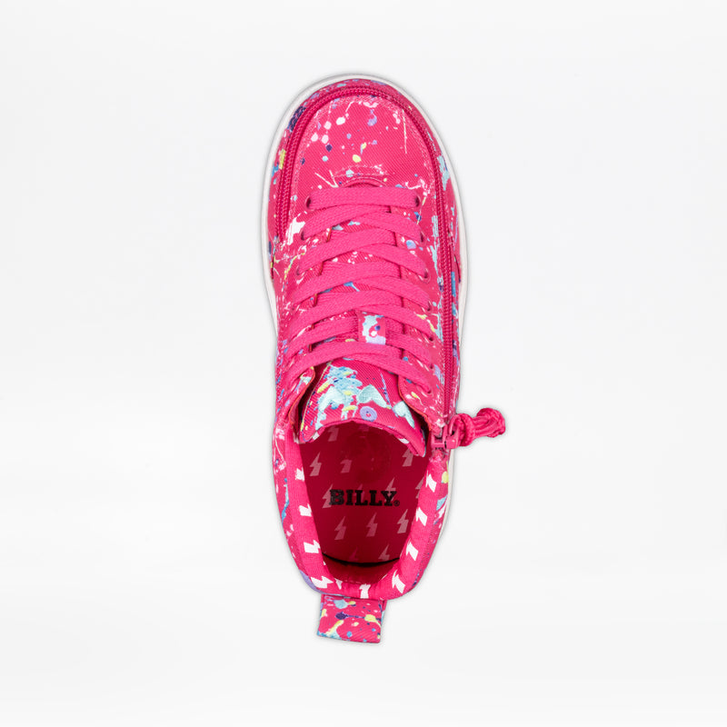 The Sasha Splatter BILLY Classic D|R II High by BILLY Footwear is a bright pink sneaker with colorful paint splatters, matching laces, a side zipper, orthotic-friendly design, and a red insole featuring “BILLY” and lightning bolt graphics.