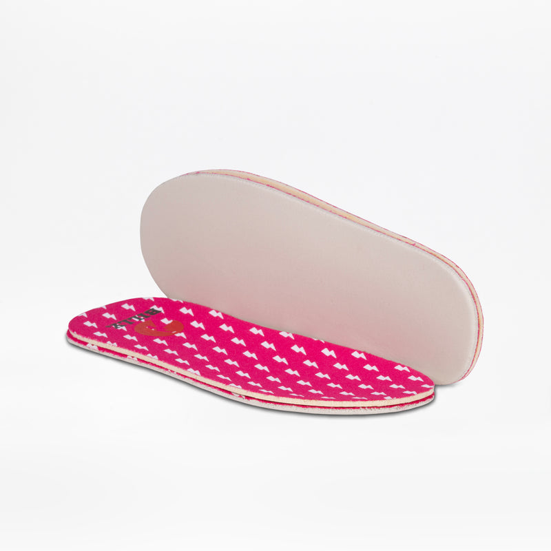 The Sasha Splatter BILLY Classic D|R II High insoles by BILLY Footwear feature a pink houndstooth top and beige underside—ideal for AFO-friendly shoes or orthotic-friendly footwear, shown on a white background.