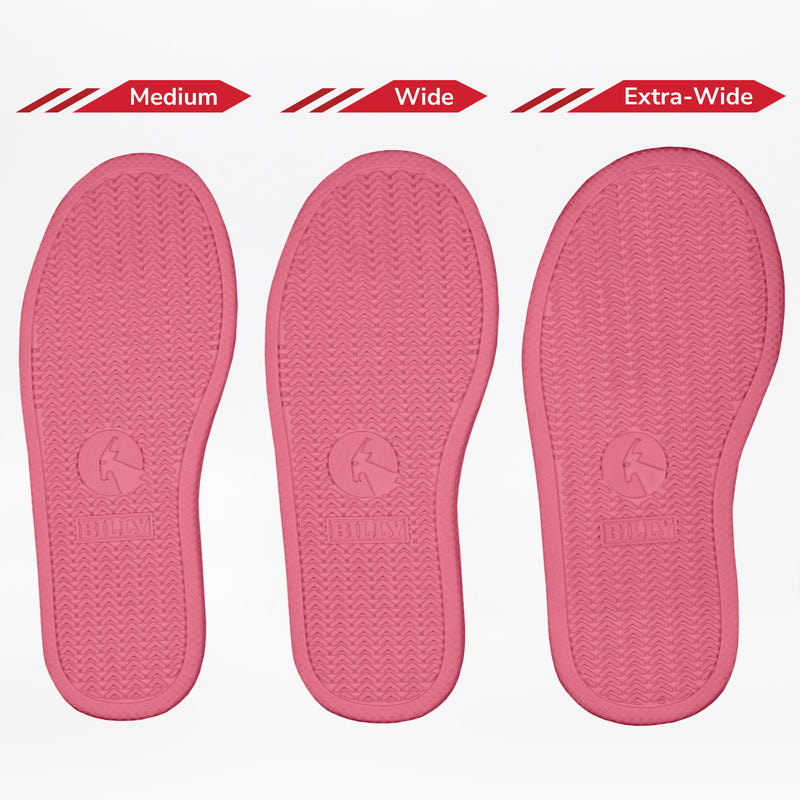 Three Sasha Splatter BILLY Classic D|R II High insoles from BILLY Footwear are shown side by side, labeled Medium, Wide, and Extra-Wide at the top to illustrate the difference in orthotic friendly widths.