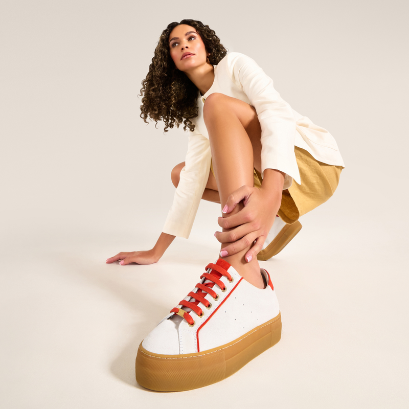 Saturn - Cream & Orange Suede Wide Fit Sneakers