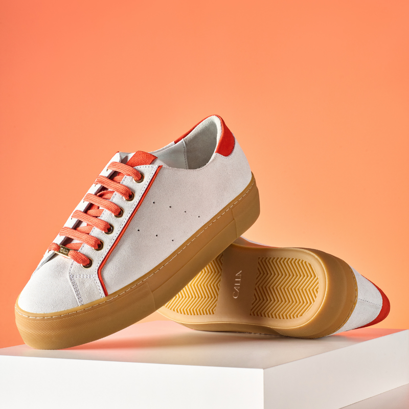 Saturn - Cream & Orange Suede Wide Fit Sneakers