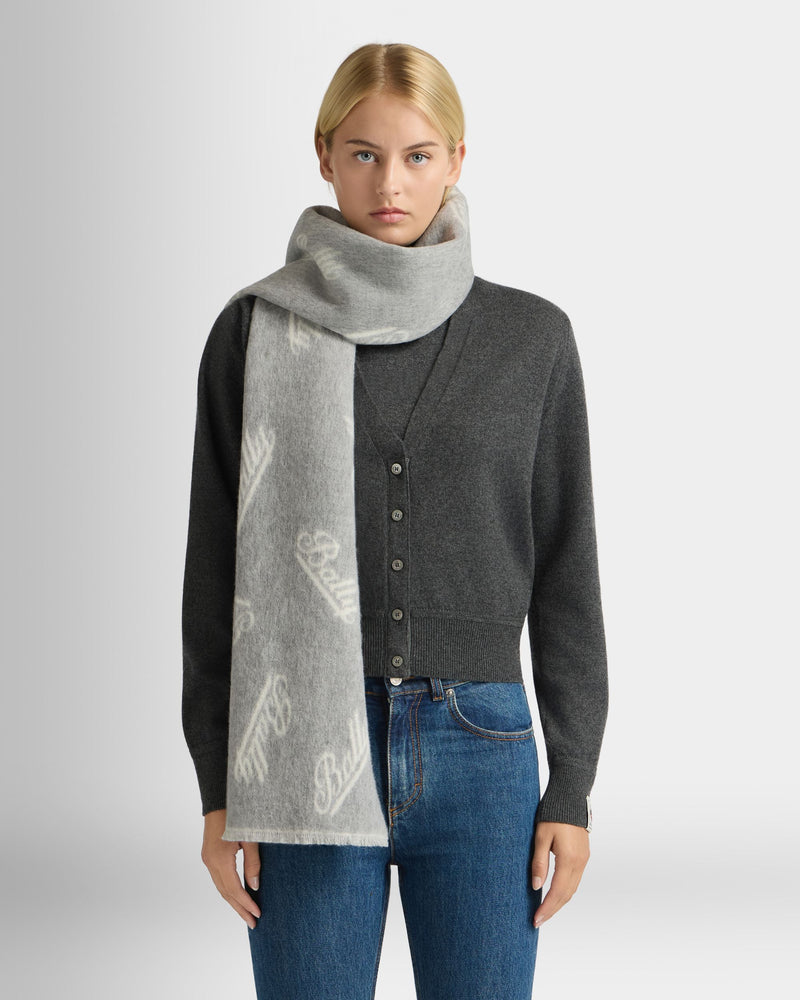 Scarf with a Logo Motif in Grey and White Wool