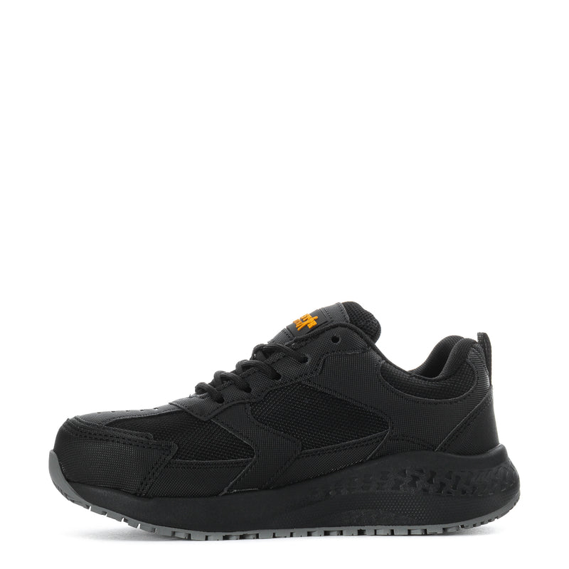 Black lace-up work sneaker with textured side panels and low-profile rubber sole